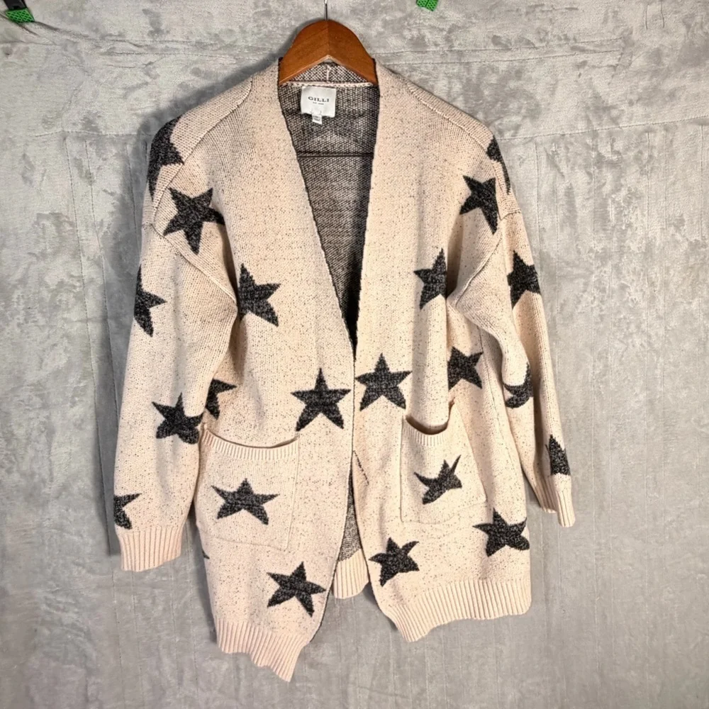 Gilli Star Print Open Front Cardigan Sweater Beige Black Size Small - Picture 3 of 9